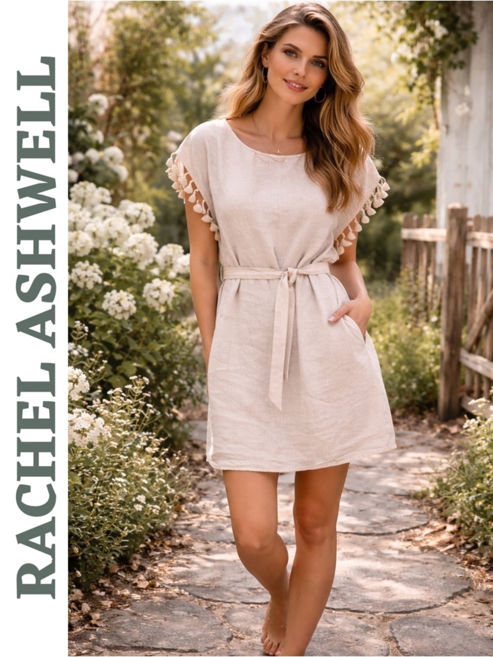 Rachel Ashwell 100% Linen Tassel Sleeve Belted Dress Medium